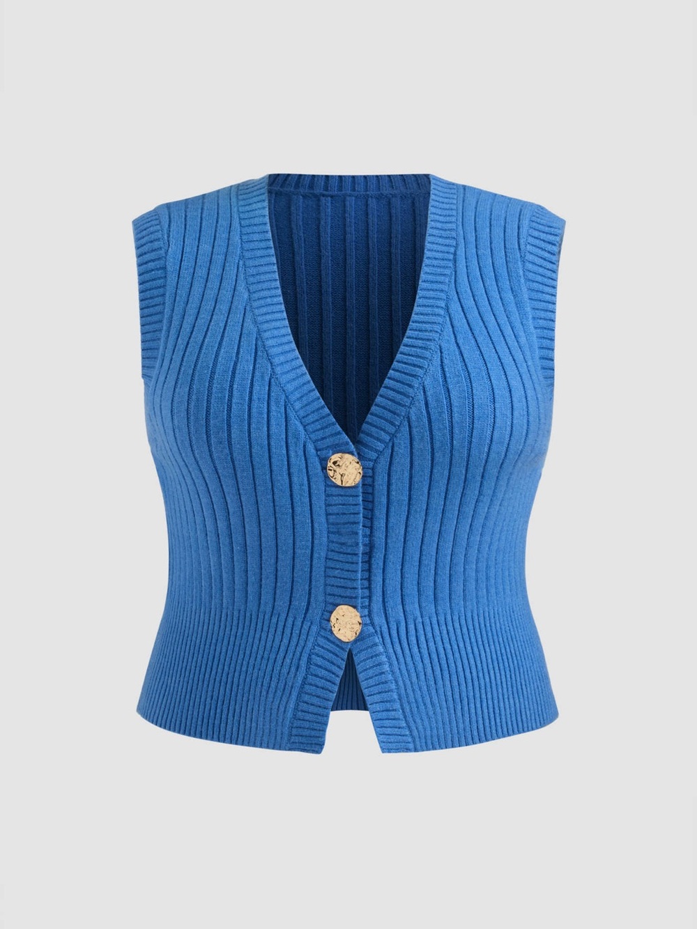 Cider Blue Ribbed Knit Vest with Gold Buttons